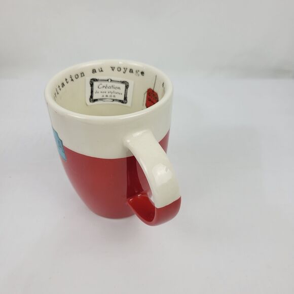 Maisons du Monde Tea Mug Cup & Bowl Set Red & Tan Invitation to Travel NWT - Picture 7 of 10